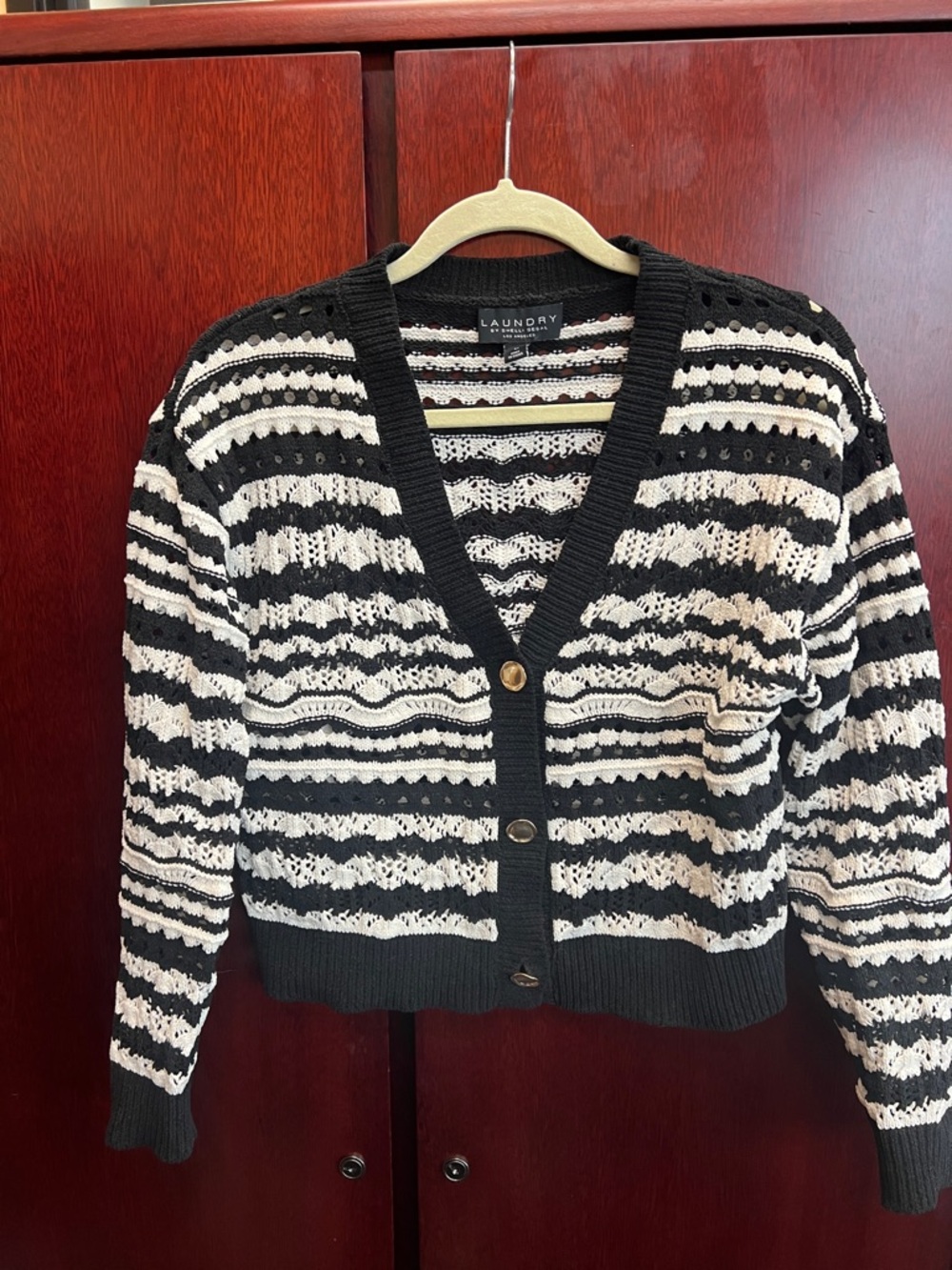 Laundry by Shelli Segal Black & White Crochet-Striped V-Neck Cardigan